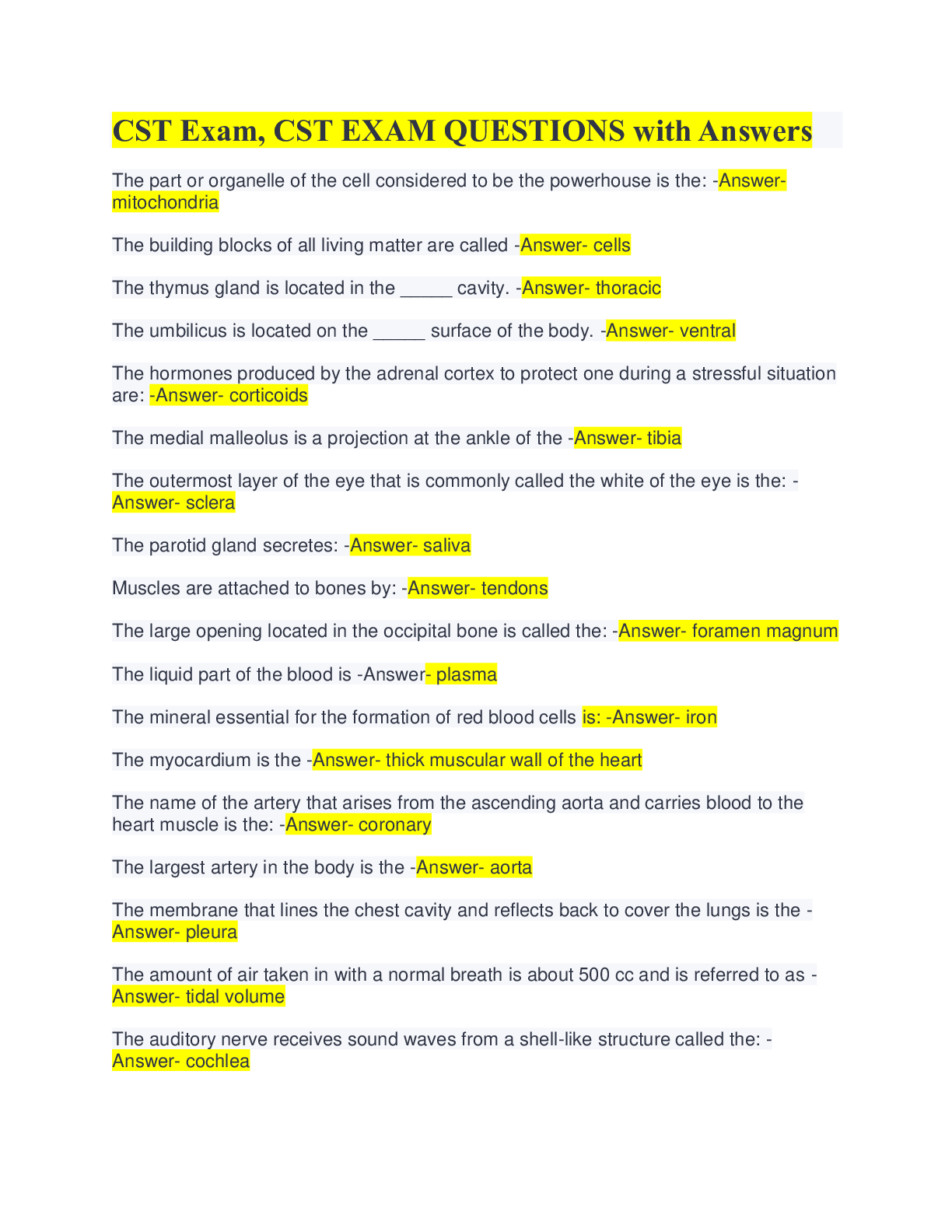 Preview image of CST Exam, CST EXAM QUESTIONS with Answer document